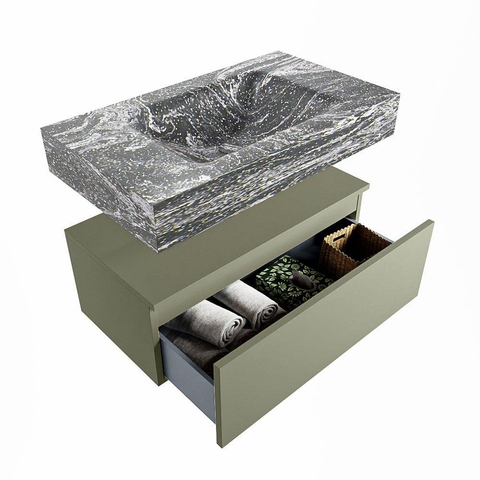 Mondiaz ALAN-DLUX Ensemble de meuble - 80cm - meuble Army mat - 1 tiroir - Lavabo Cloud Lava suspendu - vasque Centre - 0 trous de robinet SW808496