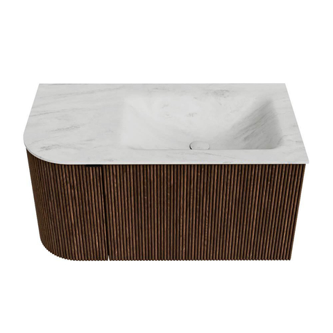 MONDIAZ KURVE-DLUX Meuble de salle de bains 85cm avec module 25 L couleur Walnut avec 1 tiroir et 1 porte. Lavabo CLOUD à droite 1 trou de robinet couleur Opalo. SW1137612