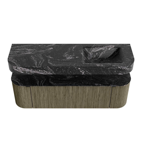 MONDIAZ THOR-DLUX 150cm meuble de salle de bains arrondi gauche + droite couleur Shadow avec 1 tiroir et 2 portes. Vasque suspendue CLOUD Droite 1 trou de robinet couleur Lava. SW1464706