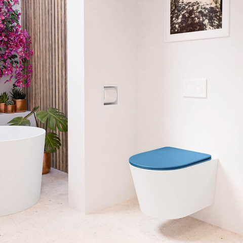 Mondiaz LAVIE hangtoilet – spoelrandloos – 36 x 53 cm – met softclose zitting – Talc (wit), zitting Jeans (blauw) SW1208644