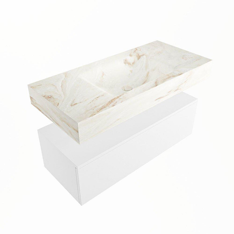 Mondiaz ALAN-DLUX Ensemble de meuble - 100cm - meuble Talc mat - 1 tiroir - Lavabo Cloud Frappe suspendu - vasque Centre - 1 trou de robinet SW804874