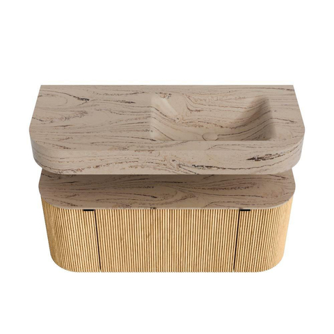 MONDIAZ THOR-DLUX 110cm meuble de salle de bains arrondi gauche + droite couleur Chêne avec 1 tiroir et 2 portes. Vasque suspendue CLOUD Droite sans trou de robinet couleur Arena. SW1462894