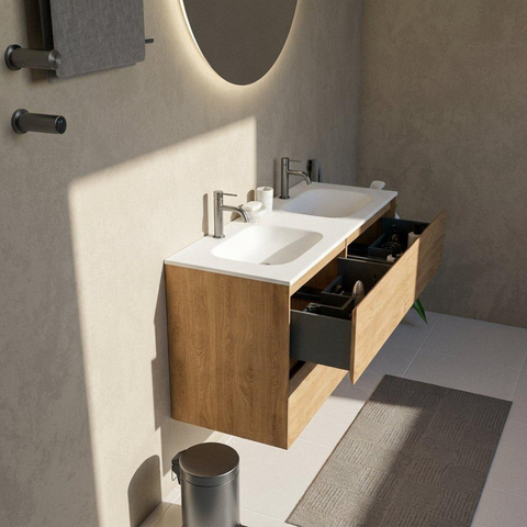 Saniclass Holz Pure Badkamermeubelset - 120x45x61.5cm - Flow solid surface wastafel wit - 2 wasbakken - 2 kraangaten - 4 lades - mat eiken natural (hout) SW1478422