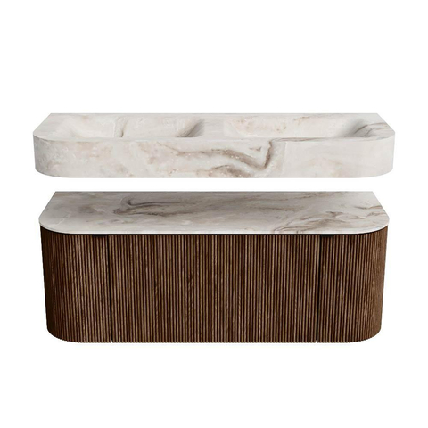 MONDIAZ THOR-DLUX Meuble de salle de bains 120cm arrondi gauche + droite couleur Walnut avec 1 tiroir et 2 portes. Vasque suspendue CLOUD Double 2 trous de robinet couleur Frappe. SW1419185