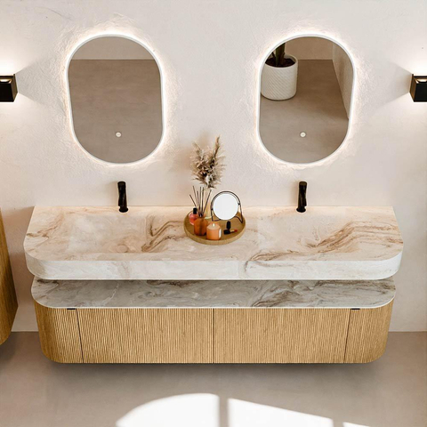 MONDIAZ THOR-DLUX Meuble de salle de bains 190cm arrondi gauche + droite couleur Oak avec 2 tiroirs et 2 portes. Vasque suspendue CLOUD Double 2 trous de robinet couleur Frappe. SW1466363