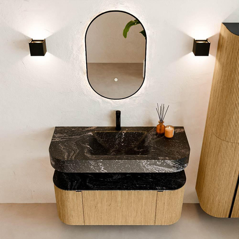 MONDIAZ THOR-DLUX 110cm meuble de salle de bains arrondi gauche + droite couleur Oak avec 1 tiroir et 2 portes. Vasque suspendue CLOUD Milieu 1 trou de robinet couleur Lava. SW1462740