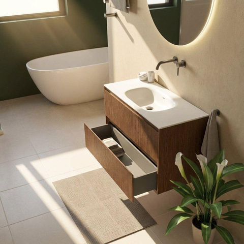 Saniclass Holz Atelier Ensemble de meubles de salle de bains - 100x45x61.5cm - Vasque Flow en Solid Surface blanche - 1 vasque - sans trou de robinet - 2 tiroirs - walnut pure mat (bois) SW1478395