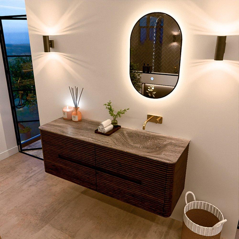 Mondiaz CIRO-DLUX Badkamermeubelset - 140x45x50cm - Solid surface wastafel Oza - 1 wasbak Rechts - zonder kraangaten - 4 lades - Walnut SW1530660