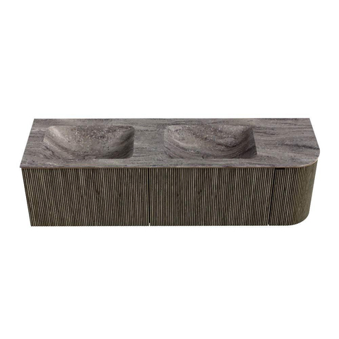 MONDIAZ KURVE-DLUX meuble de salle de bains 155cm arrondi à droite couleur Shadow avec 2 tiroirs et 1 porte. Lavabo LEAF Double / Gauche sans trou de robinet Oza. SW1432925