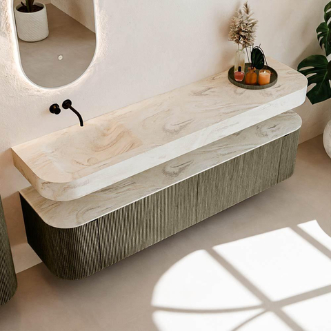MONDIAZ THOR-DLUX Meuble de salle de bains - 190cm - arrondi gauche + droite - couleur Shadow - 2 tiroirs - 2 portes - Vasque suspendue CLOUD Gauche sans trou de robinet - couleur Ostra SW1466569