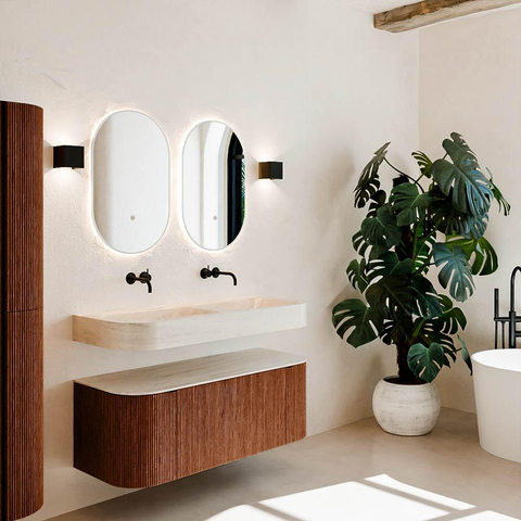 MONDIAZ THOR-DLUX 120cm meuble de salle de bains arrondi gauche + droite couleur Ruby avec 1 tiroir et 2 portes. Vasque suspendue CLOUD Double sans trou de robinet couleur Meli. SW1463312