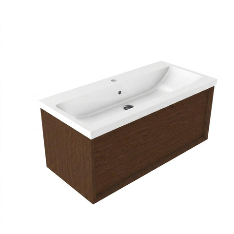 Saniclass Holz Frame Ensemble meuble de salle de bains - 100x45x43.5cm - Lavabo en céramique Bari blanc - 1 vasque - 1 trou de robinetterie - 1 tiroir - walnut pure mat (bois) SW1478757