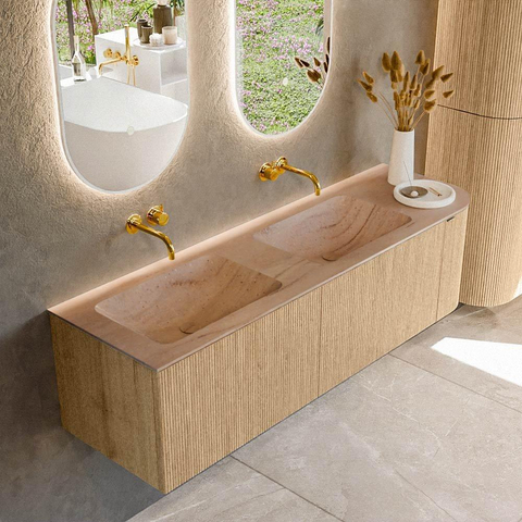 MONDIAZ KURVE-DLUX Meuble de salle de bains 155cm courbure Droite couleur Chêne avec 2 tiroirs et 1 porte. Lavabo LEAF Double / Gauche sans trou de robinet Saba. SW1433109