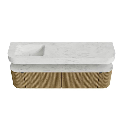 MONDIAZ THOR-DLUX 180cm meuble de salle de bains arrondi gauche + droite couleur Dusk avec 2 tiroirs et 2 portes. Vasque suspendue CLOUD Gauche sans trou de robinet couleur Opalo. SW1466014
