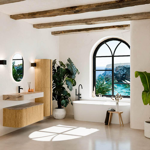 MONDIAZ THOR-DLUX 110cm badmeubel ronding links + rechts kleur Oak met 1 lade en 2 deuren. Vrijhangende wastafel CLOUD Midden 1 kraangat kleur Arena. SW1462706