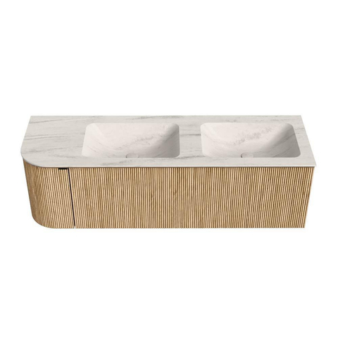MONDIAZ KURVE-DLUX Meuble de salle de bains 145cm courbure gauche couleur Chêne avec 1 tiroir et 1 porte. Lavabo LEAF Double / Droite sans trou de robinet Meli. SW1431655