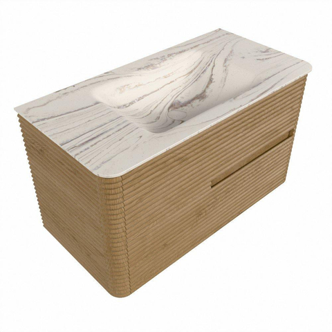 Mondiaz CIRO-DLUX Ensemble de meubles de salle de bains - 90x45x50cm - vasque en solid surface Nata - 1 lavabo au milieu - sans trous de robinet - 2 tiroirs - Chêne SW1531446