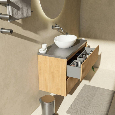 Saniclass Holz Atelier Ensemble meuble de salle de bains - 100x45x63cm - plan vasque en basalte Noche poli (noir) - sans trou de robinet - 2 tiroirs - chêne natural mat (bois) SW1478548