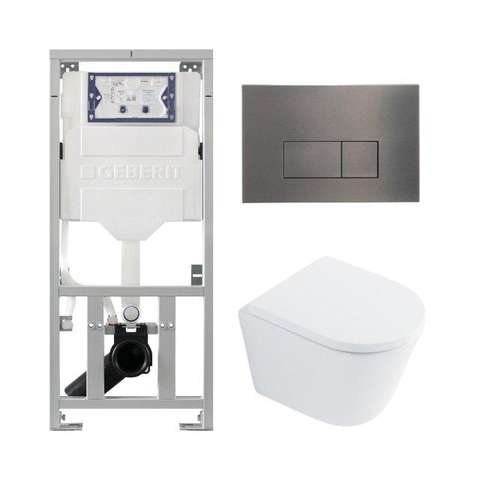 QeramiQ Dely Toiletset - 36.3x51.7cm - diepspoel - rimless - Geberit UP320 inbouwreservoir - met Burda frame - softclose toilet zitting - 35mm - gunmetal bedieningsplaat - rechthoekige knoppen - glans wit SW1222078
