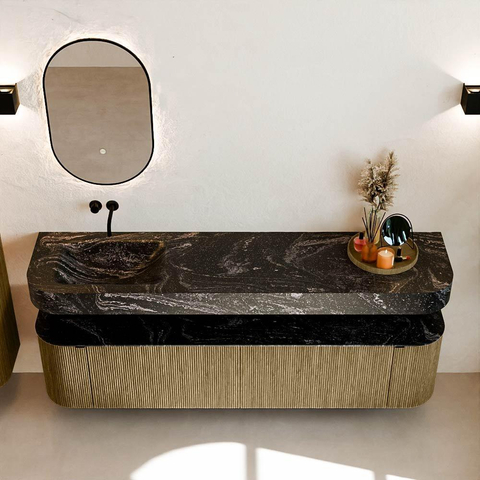 MONDIAZ THOR-DLUX 190cm meuble de salle de bains arrondi gauche + droite couleur Dusk avec 2 tiroirs et 2 portes. Vasque suspendue CLOUD gauche sans trou de robinet couleur Lava. SW1466464