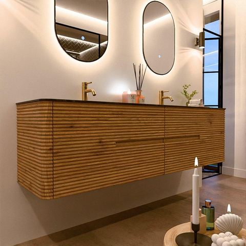 Mondiaz CIRO-DLUX Ensemble de meubles de salle de bains - 180x45x50cm - lavabo en solid surface Lava - 2 vasques double - 2 trous de robinet - 4 tiroirs - Chêne SW1531118