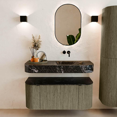 MONDIAZ THOR-DLUX 110cm meuble de salle de bains arrondi gauche + droite couleur Shadow avec 1 tiroir et 2 portes. Vasque suspendue CLOUD droite sans trou de robinet couleur Lava. SW1462875