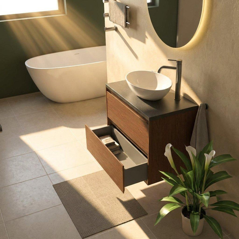 Saniclass Holz Pure Ensemble meuble de salle de bains - 80x45x63cm - Plan de toilette en basalte Noche poli (noir) - 1 trou de robinetterie - 2 tiroirs - walnut pure mat (bois) SW1478550