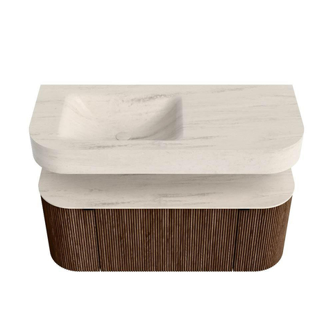 MONDIAZ THOR-DLUX 110cm meuble de salle de bains arrondi gauche + droite couleur Walnut avec 1 tiroir et 2 portes. Vasque suspendue CLOUD Gauche sans trou de robinet couleur Meli. SW1462916