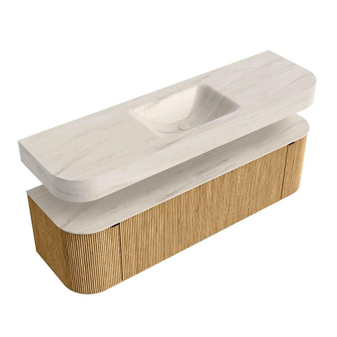 MONDIAZ THOR-DLUX 160cm meuble de salle de bains arrondi gauche + droite couleur Oak avec 1 tiroir et 2 portes. Vasque suspendue CLOUD Milieu 1 trou de robinet couleur Meli. SW1465137