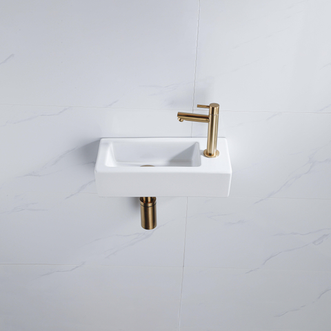 QeramiQ Fuente fonteinset – 37.5x18.5x9 cm – keramiek wit glans – kraangat rechts – geborsteld gouden kraan SW1232752