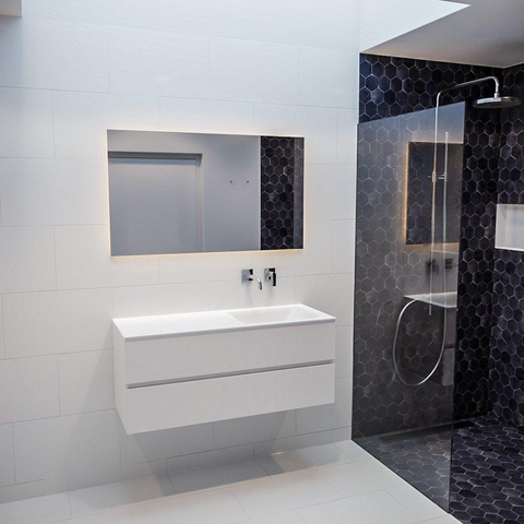 MONDIAZ VICA Ensemble de meuble salle de bain - 120cm - 2 tiroirs - lavabo Cloud à droite - 0 trous de robinet - solid surface talc SW409774