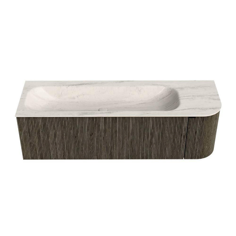 MONDIAZ KURVE-DLUX Meuble de salle de bains 145cm arrondi à droite couleur Shadow avec 1 tiroir et 1 porte. Vasque BIG LARGE gauche 1 trou de robinet Meli. SW1431816