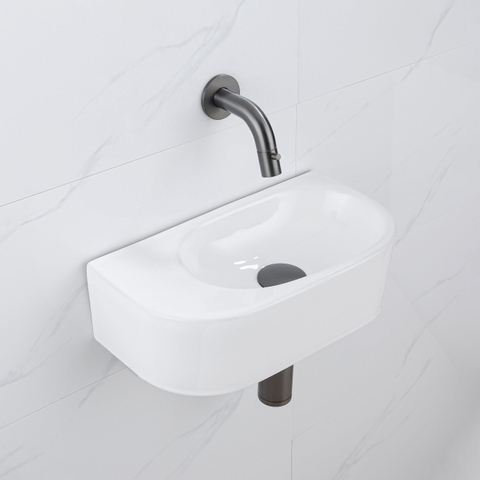 QeramiQ Fuente fonteinset – halfrond – 40x21.5x12 cm – keramiek wit glans – zonder kraangat – kraan gunmetal SW1233114