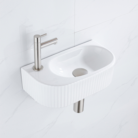 QeramiQ Fuente pack lave-mains – 40 x 21,5 x 12 cm – perçage à gauche – robinet inox brossé – cannelé SW1233014