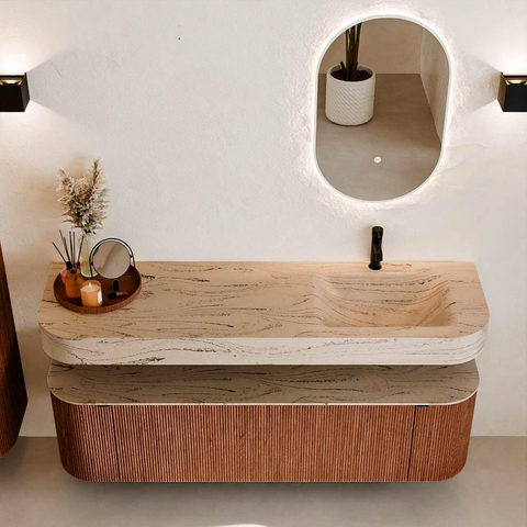 MONDIAZ THOR-DLUX 160cm meuble de salle de bains arrondi gauche + droite couleur Ruby avec 1 tiroir et 2 portes. Vasque suspendue CLOUD Droite 1 trou de robinet couleur Arena. SW1465136