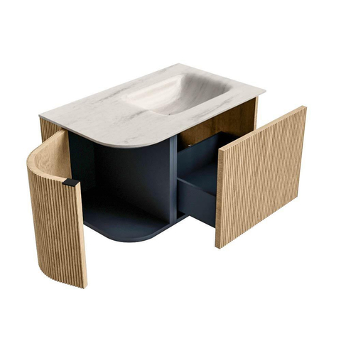 MONDIAZ KURVE-DLUX Meuble de salle de bains 75cm arrondi gauche couleur Oak avec 1 tiroir et 1 porte. Lavabo GRUNNE droit sans trou de robinet Meli. SW1431571