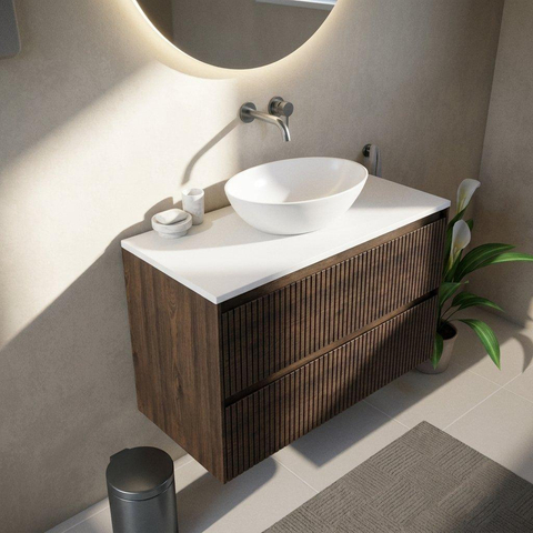 Saniclass Holz Atelier Ensemble de meubles de salle de bains - 100x45x62.5cm - Plan de toilette Torino en solid surface blanc - sans trou de robinetterie - 2 tiroirs - chêne charcoal mat (bois) SW1478701