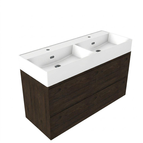 Saniclass Holz Pure Badkamermeubelset - 120x45x72cm - Legend keramische wastafel mat wit - 2 wasbakken - 2 kraangaten - 4 lades - mat eiken charcoal (hout) SW1580165