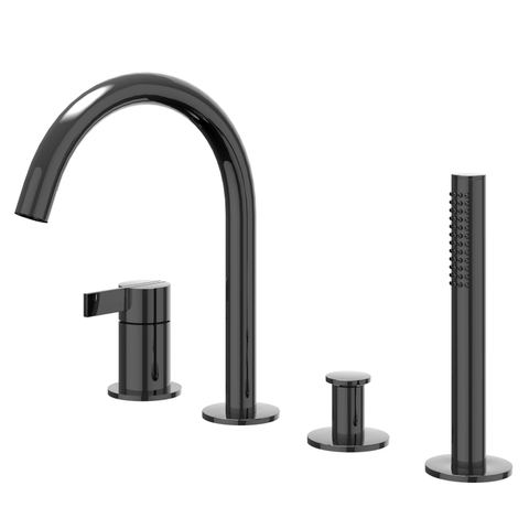 IVY Pact Ensemble robinet de bord de baignoire - 4 trous - mitigeur - bec pivotant - douchette extractible - Chrome noir PVD SW1031221