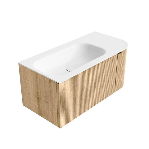 MONDIAZ KURVE Meuble de salle de bains 95 cm avec module 25 R couleur Chêne avec 1 tiroir et 1 porte. Lavabo BIG SMALL gauche 1 trou de robinet Talc. SW1138138