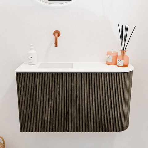 Mondiaz JOYA 71.6cm toiletmeubel - ronding rechts kleur Shadow - Wastafel FAYE positie Links Zonder kraangat kleur Talc. SW1421438