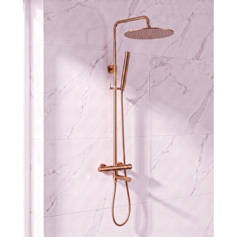 Fortifura Calvi Regendoucheset - thermostatisch - 25cm hoofddouche - gladde slang - staaf handdouche - draaibare baduitloop - geborsteld koper PVD SW1592516