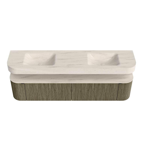 MONDIAZ THOR-DLUX 200cm meuble de salle de bains arrondi gauche + droite couleur Shadow avec 2 tiroirs et 2 portes. Vasque suspendue CLOUD Double 2 trous de robinet couleur Meli. SW1467135