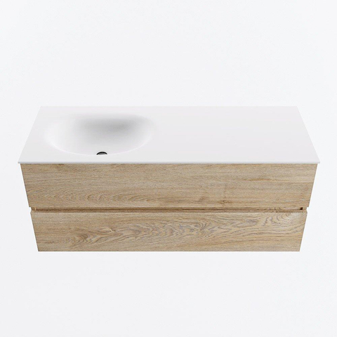 MONDIAZ VICA 120cm meuble de salle de bains sous-meuble Washed Oak 2 tiroirs. Lavabo MOON gauche sans trou de robinet, couleur Talc. SW1381938