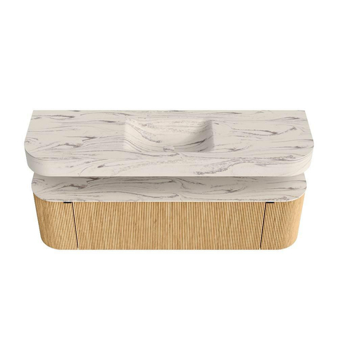 MONDIAZ THOR-DLUX Meuble de salle de bains - 160cm - arrondi gauche + droite - couleur Oak - 1 tiroir et 2 portes - Vasque suspendue CLOUD Milieu 1 trou de robinet couleur Nata SW1465261