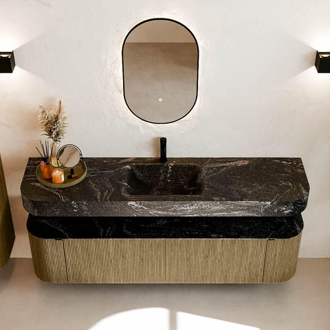 MONDIAZ THOR-DLUX 180cm meuble de salle de bains arrondi gauche + droite couleur Dusk avec 2 tiroirs et 2 portes. Vasque suspendue CLOUD Milieu 1 trou de robinet couleur Lava. SW1466012