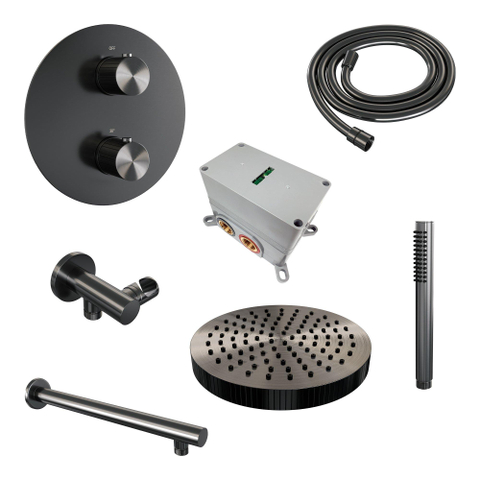 BRAUER Stripe Douche de tête thermostatique encastrée - 3 voies - ronde - SET 37 - pomme de douche 25cm - bras mural droit - douchette à main barre - flexible de douche - coude de raccord mural - gunmetal brossé PVD SW1435010