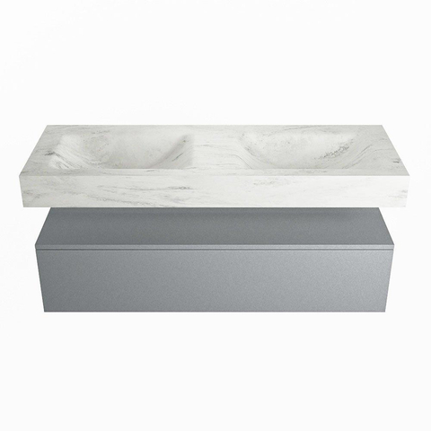 Mondiaz ALAN-DLUX Ensemble de meuble - 130cm - meuble Plata mat - 1 tiroir - Lavabo Cloud Opalo suspendu - vasque Gauche et droite - 0 trous de robinet SW807179