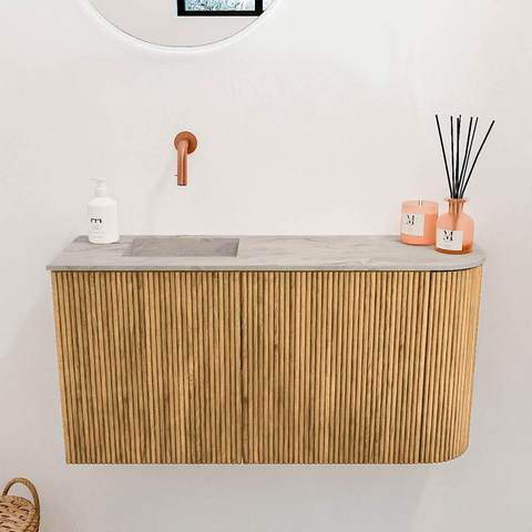 Mondiaz JOYA-DLUX 81.6cm toiletmeubel - ronding rechts kleur Oak - Wastafel FAYE positie Links Zonder kraangat kleur Glace. SW1422016