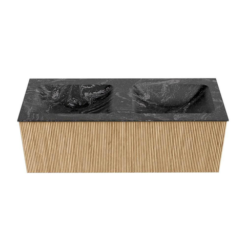MONDIAZ KURVE-DLUX meuble de salle de bains 120 cm couleur Oak avec 1 tiroir. Lavabo LEAF double sans trou de robinet couleur Lava. SW1137204